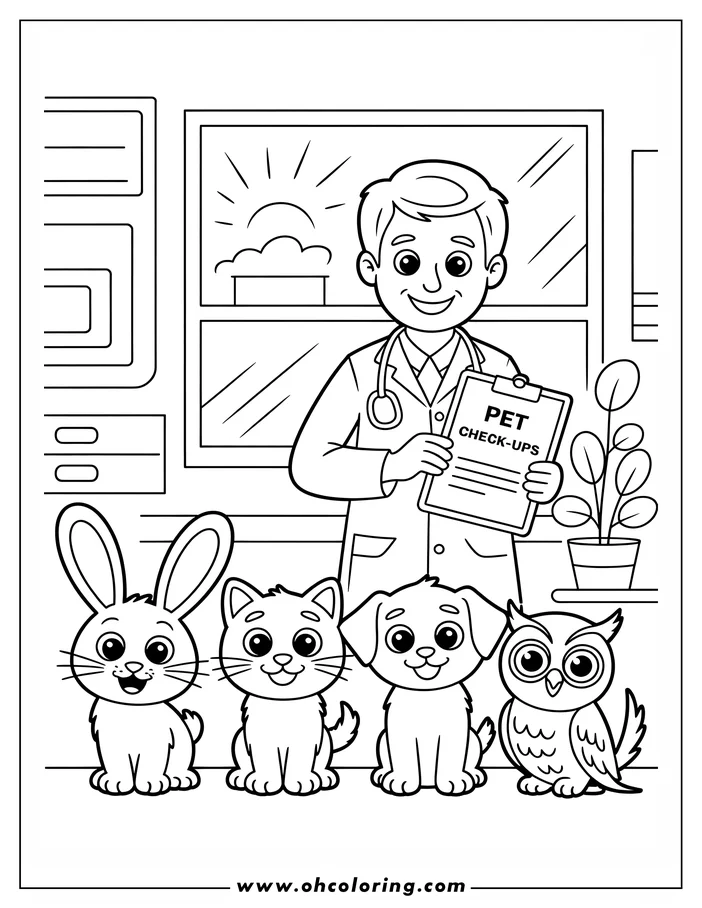 Line art of a veterinarian with a clipboard and four animals: a bunny, cat, dog, and owl, in a veterinary office. 