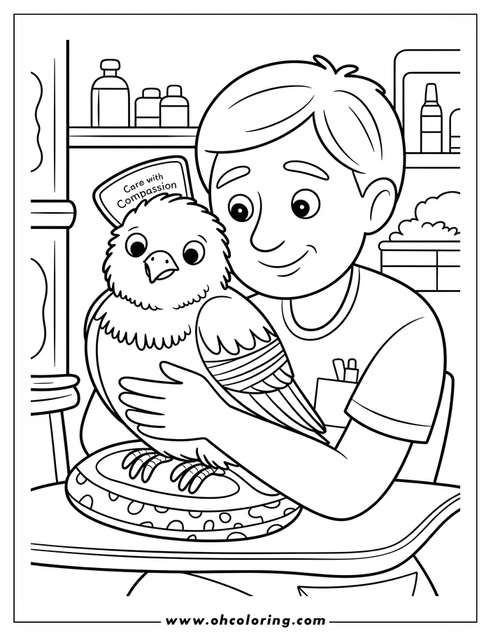 Line art of a veterinarian gently holding a bird at a veterinary clinic. The bird is perched on a patterned pillow, and the vet's compassionate expression highlights the caring atmosphere.
