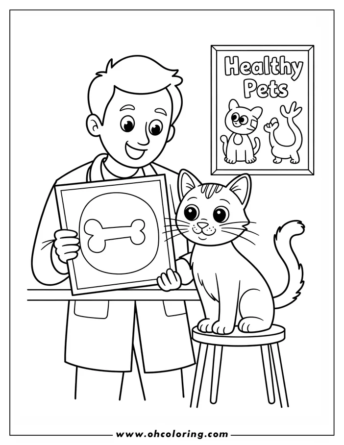Line art of a veterinarian showing a cat an x-ray in a veterinary office. A "Healthy Pets" poster hangs on the wall.