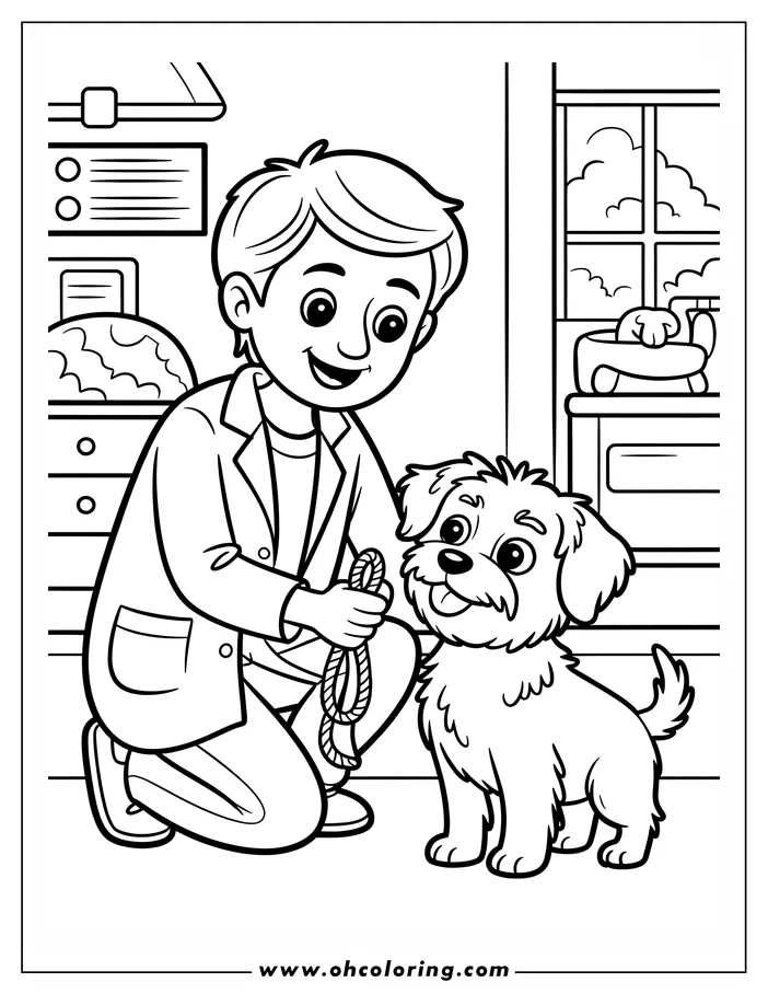 Line art of a veterinarian kneeling and holding the leash of a small, fluffy dog in a veterinary office.