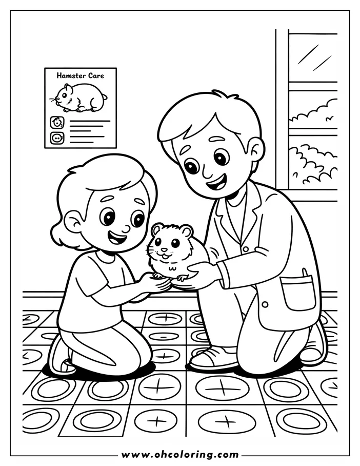 Line art of a veterinarian and child holding a hamster at the veterinary office
