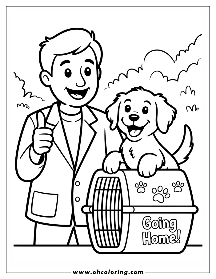 Line art of a veterinarian giving a thumbs-up next to a puppy in a pet carrier labeled "Going Home!".