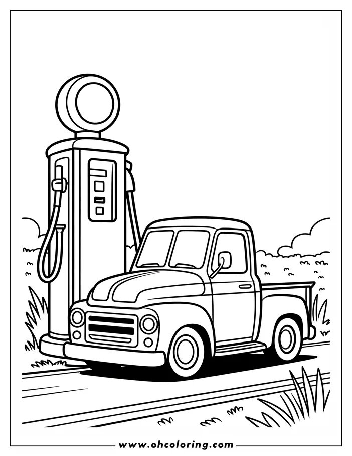 Line art of a vintage pickup truck parked at a gas station, with a backdrop of simple foliage and a clear sky.