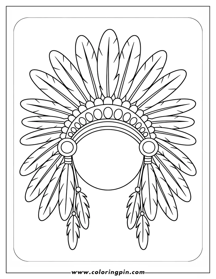 Line drawing of a Native American war bonnet headdress with feathers and beaded details. 