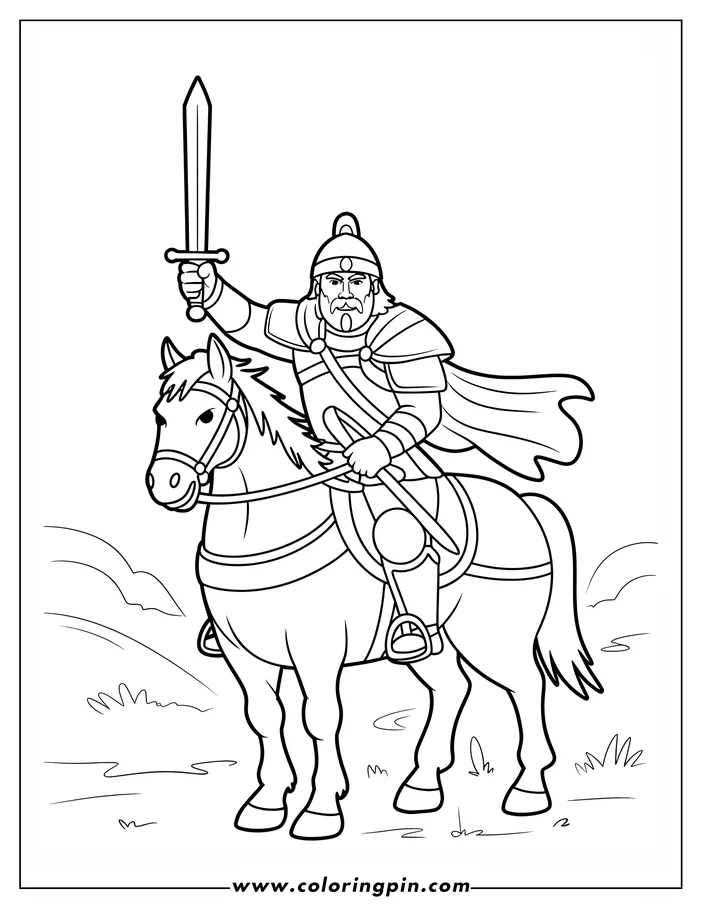 Outline of a warrior on horseback, raising a sword, wearing armor and a cape.