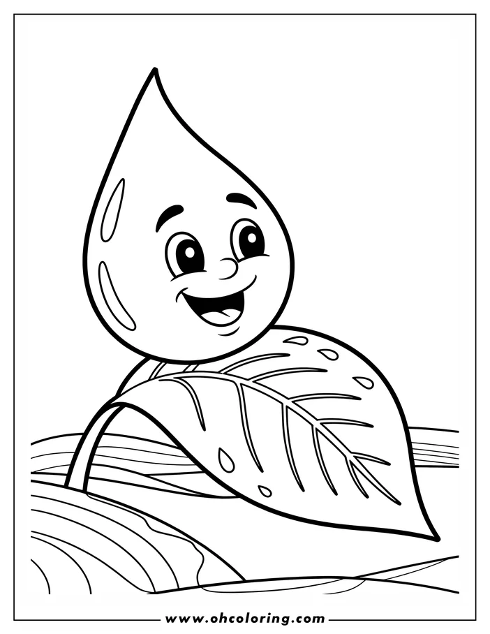 Simple, cheerful line art of a water droplet character sitting happily on a large leaf. Smaller droplets are visible on the leaf's surface, and the background has curved lines suggesting flowing water or a soft surface. This is a design for a printable coloring page.