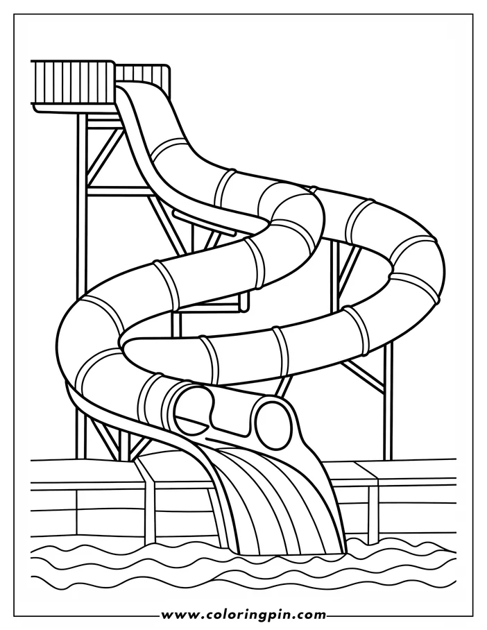 Outline of a twisting waterslide emptying into a pool of water.
