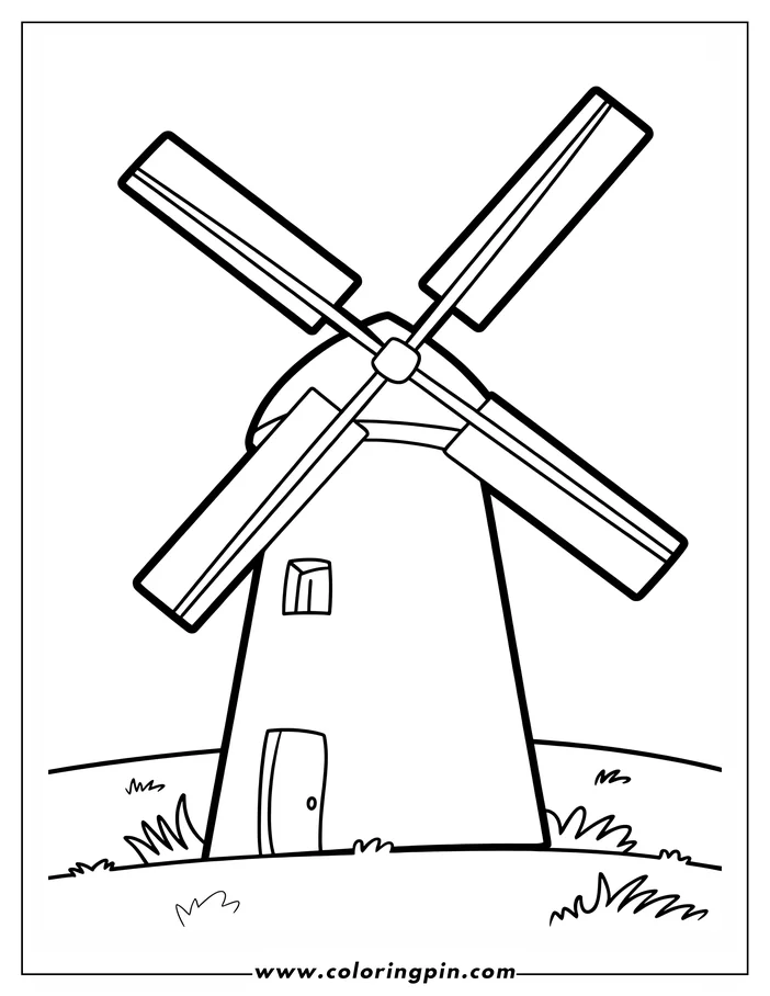 Line drawing of a classic windmill in a field. It has four large blades and a small door and window at its base. Tufts of grass surround the base.