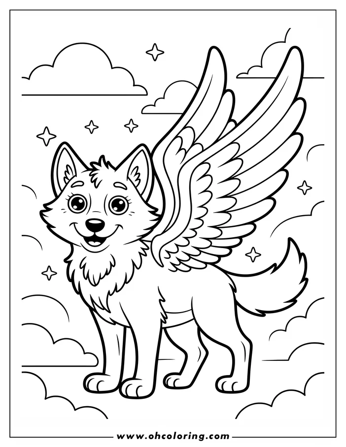Line art of a smiling wolf with large wings, standing in a cloudy sky with small sparkles.