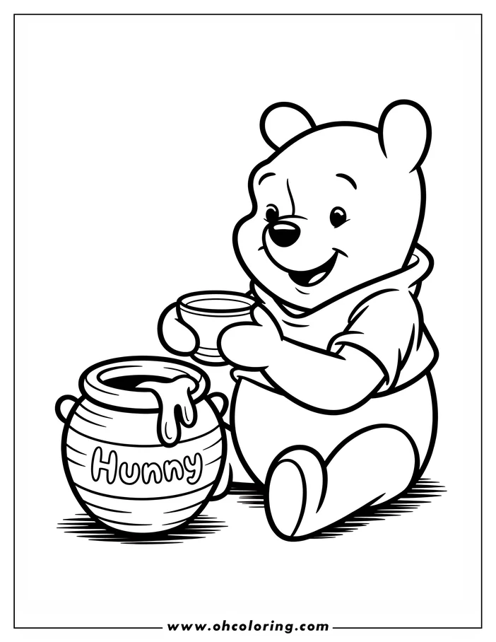Line art of Winnie the Pooh enjoying honey from a bowl with his honey pot beside him.
