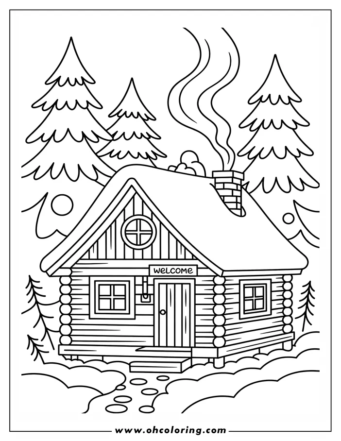 Line art of a cozy winter cabin in the woods. Smoke rises from the chimney, and snow covers the roof and ground. Pine trees surround the cabin, creating a peaceful winter scene. This is a coloring sheet design, ready for adding color.
