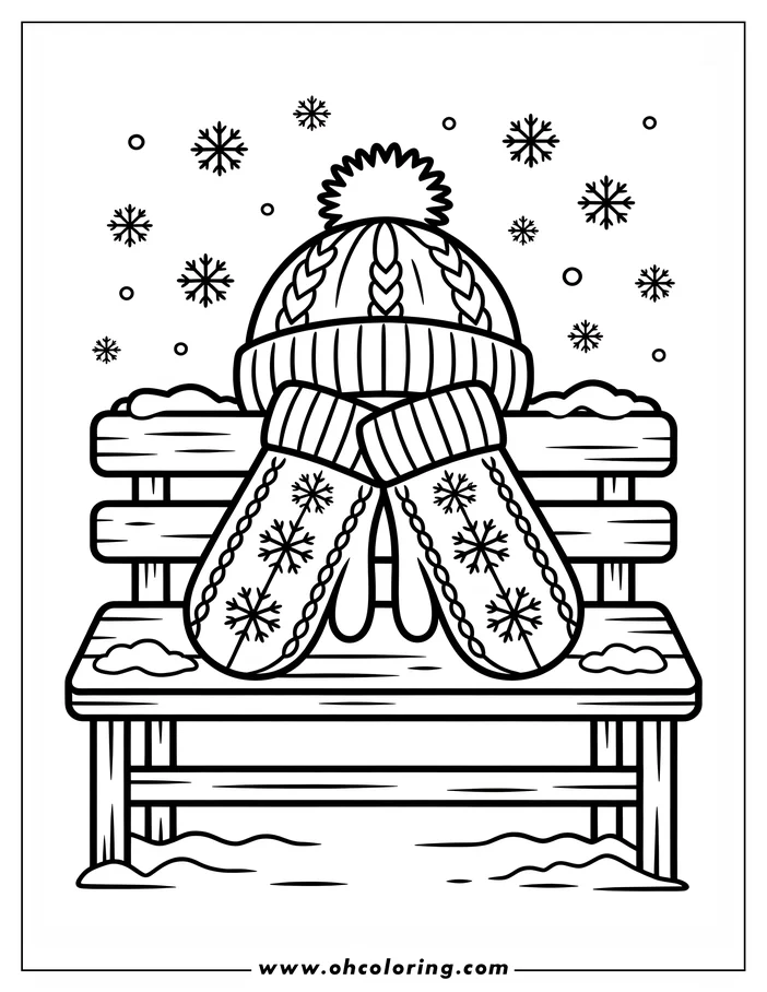 Line art of a winter scene depicting a knitted hat and mittens with snowflake designs resting on a snow-covered park bench. Snowflakes fall around the bench. This is a coloring sheet design.