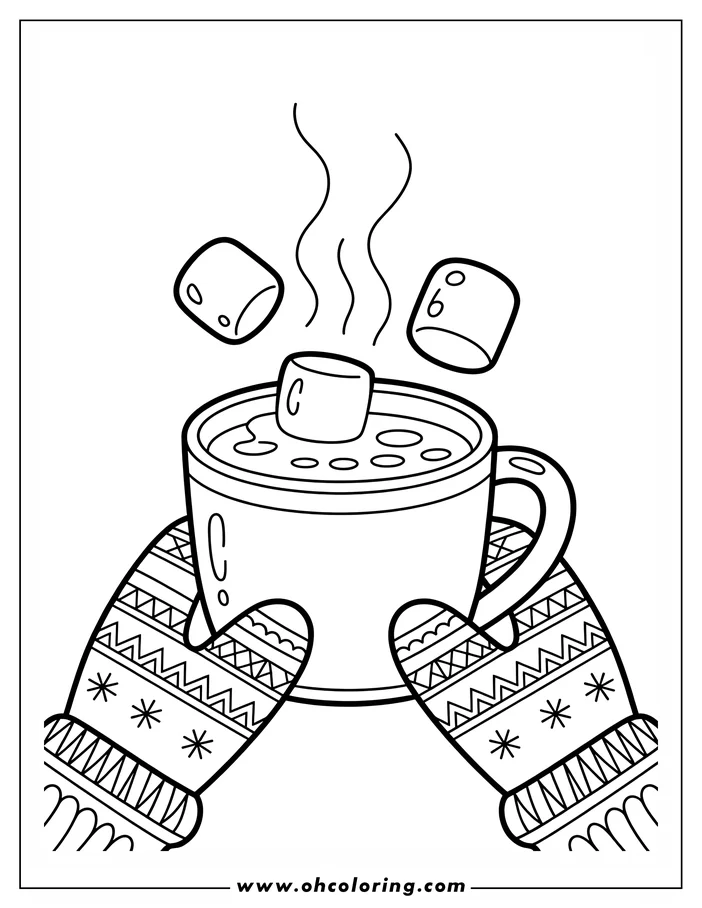 Line art of a mug of hot chocolate with marshmallows, held by hands in patterned winter mittens.  Steam rises from the comforting beverage, a perfect scene for a winter coloring sheet.