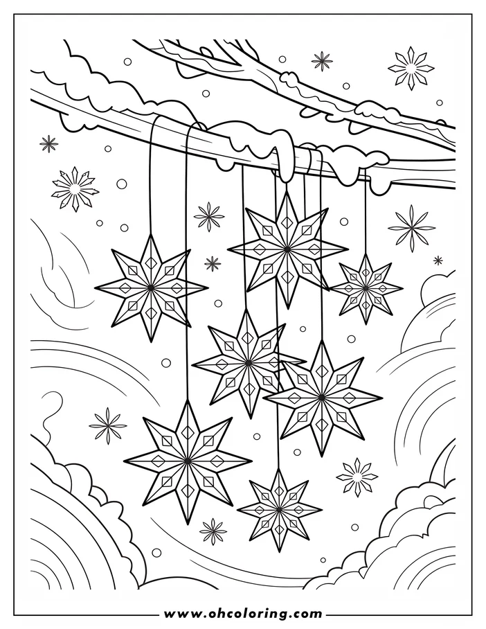 Line art of seven detailed star ornaments hanging from a snow-covered branch, surrounded by smaller snowflakes. This winter-themed coloring sheet design is perfect for adding festive cheer.