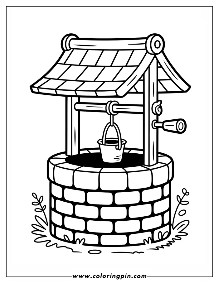Outline of a wishing well with a bucket and crank. Small plants surround the base.