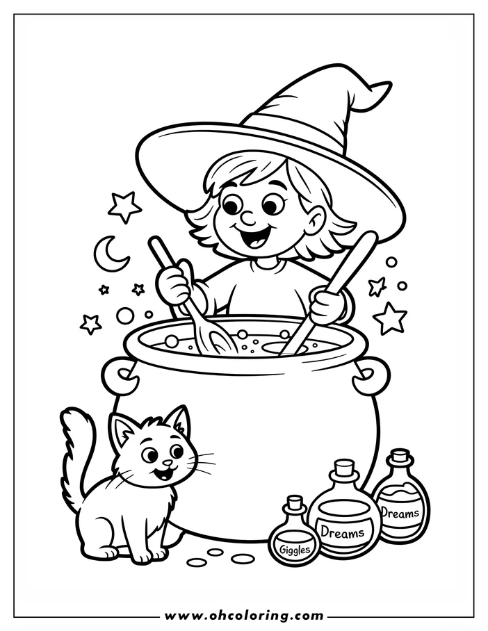 Line art of a witch happily stirring a potion in a cauldron, with a cat watching and bottles of "Dreams" and "Giggles" nearby. Stars and a moon add to the magical Halloween theme.