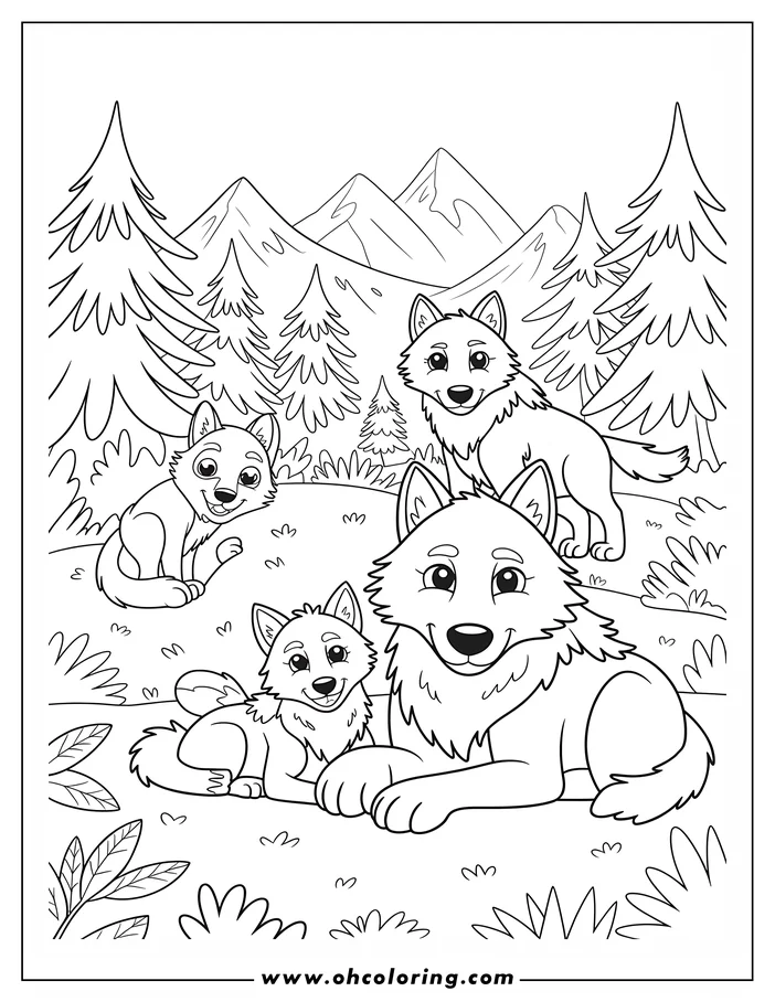 Line art of a wolf family with two cubs in a forest setting, with mountains visible in the background.