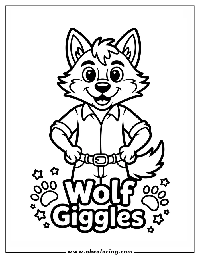 Line art of Wolf Giggles, a friendly cartoon wolf wearing a button-down shirt and jeans.