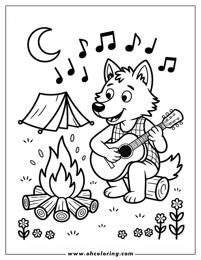 Line art of a wolf sitting by a campfire playing guitar. A tent and the moon are visible in the background. Musical notes surround the wolf.