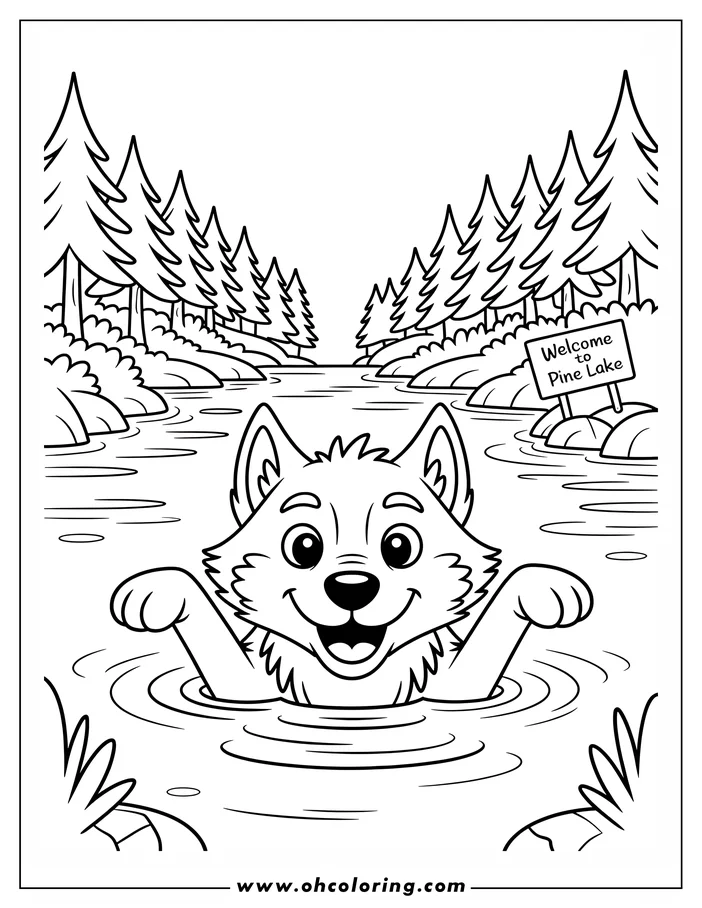 Line art of a happy wolf pup swimming in Pine Lake, surrounded by pine trees and a welcome sign.