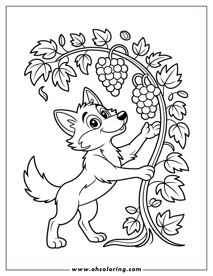Line art of a cartoon wolf reaching up to grab a bunch of grapes from a vine.