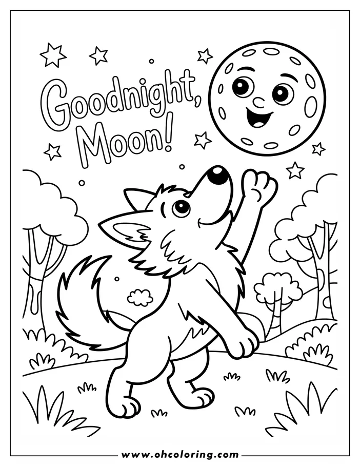 Line art of a playful wolf waving goodnight to a smiling moon with trees and stars in the background.