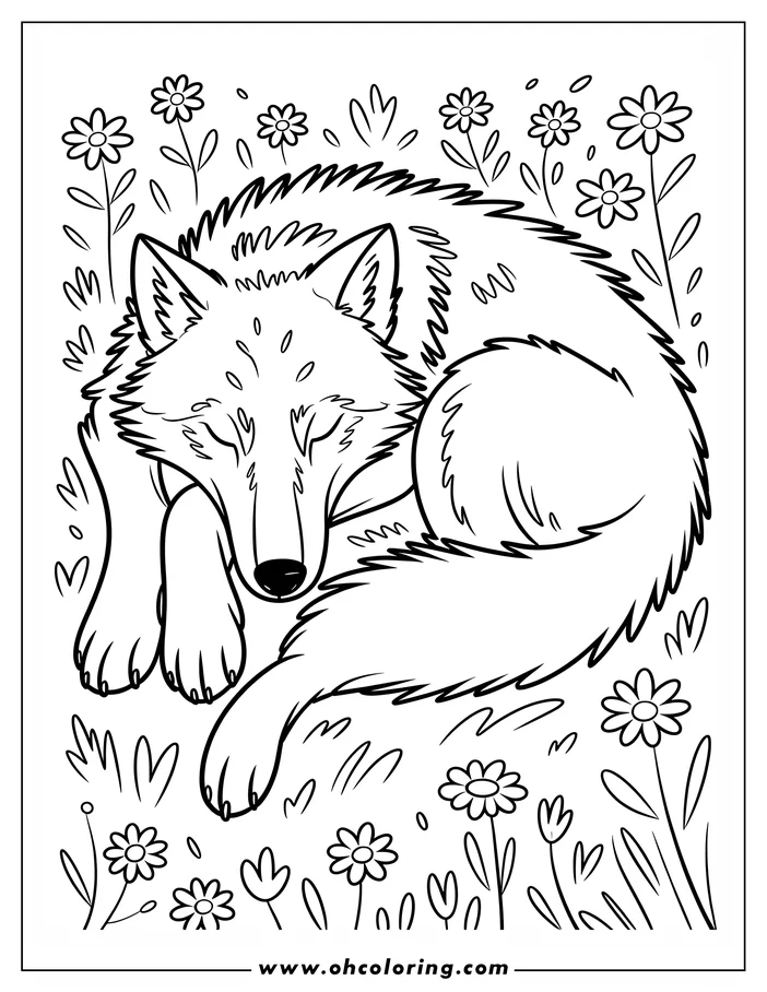 Outline of a wolf sleeping peacefully, curled up amongst blooming daisies.
