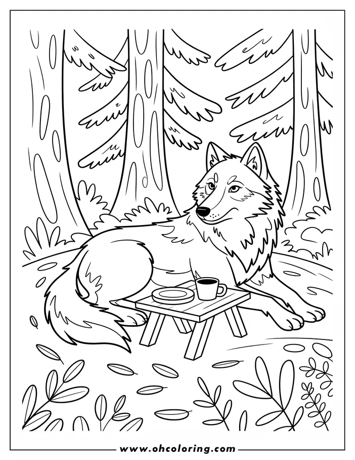 Outline of a cartoon wolf resting in a forest, enjoying a snack and a drink from a mug on a small table