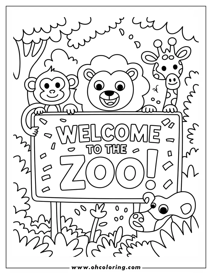 Line art of a monkey, lion, and giraffe holding a "Welcome to the Zoo!" sign, surrounded by trees and foliage.