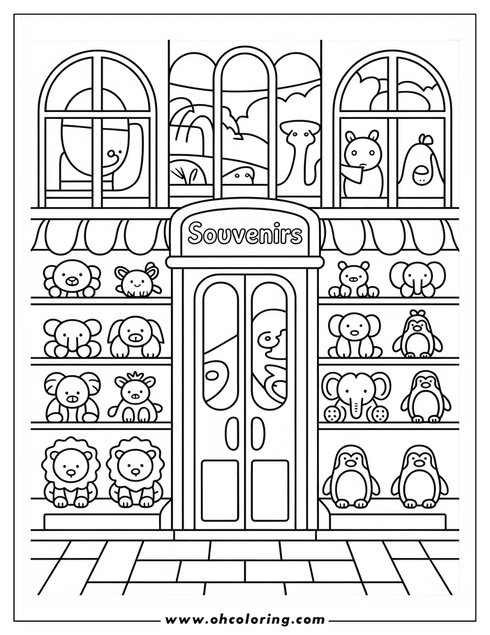 Line art of a zoo souvenir shop with shelves full of plush animal toys, including lions, penguins, and elephants, with a view of a zoo exhibit through the window.