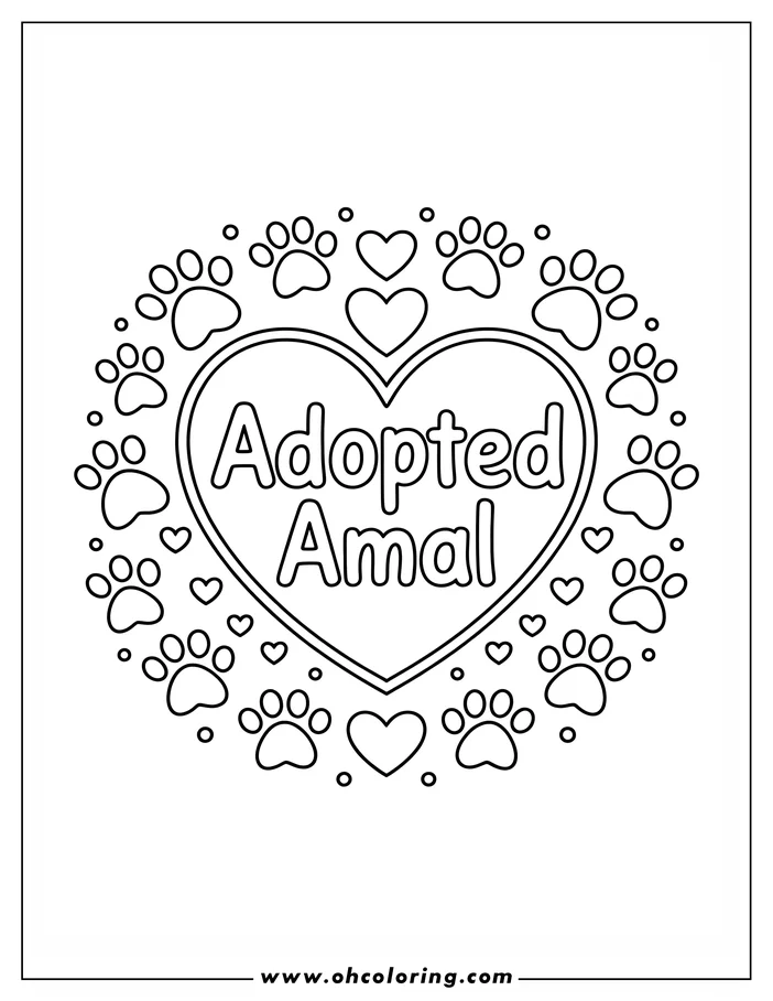 Line drawing of a heart-shaped design. Inside it says "Adopted Amal". Paw prints and hearts surround it.