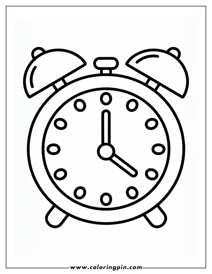 A simple line drawing of an alarm clock showing the current time.