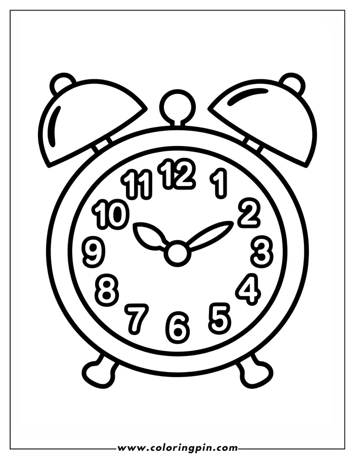 Line art of a simple alarm clock with visible hour and minute hands.