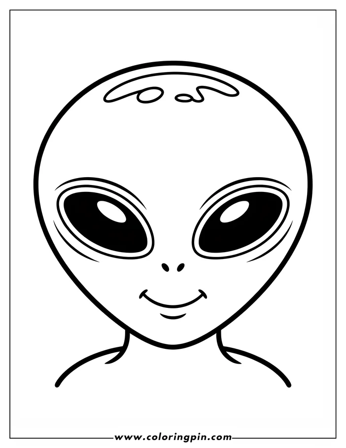 Line art of a friendly alien's face, with large black eyes and a smile.