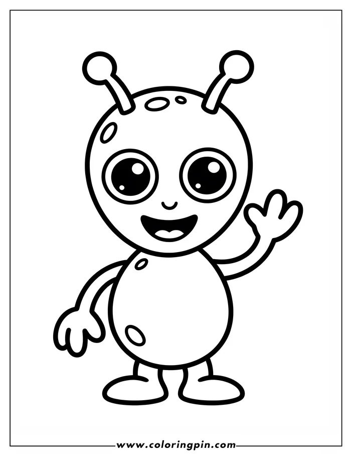 Outline of a friendly alien waving, with large eyes and antennae.