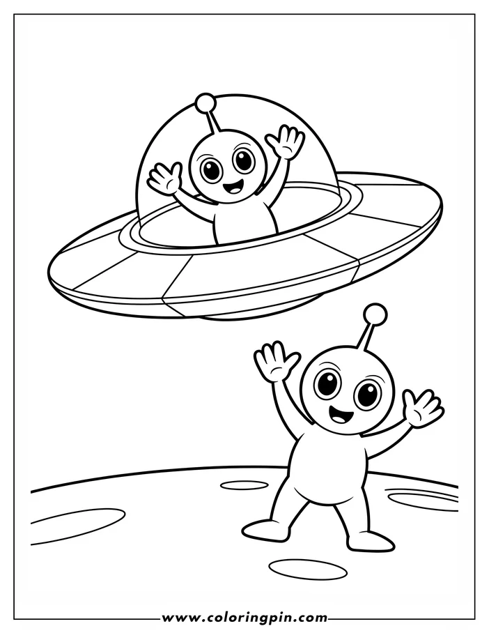 Two friendly aliens waving, one inside a spaceship and one on a cratered planet surface.