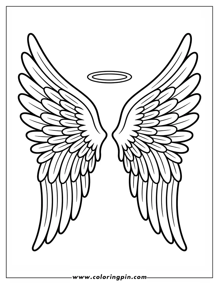 Line art of a pair of angel wings with a halo. Perfect for coloring activities related to religious themes or fantasy stories.