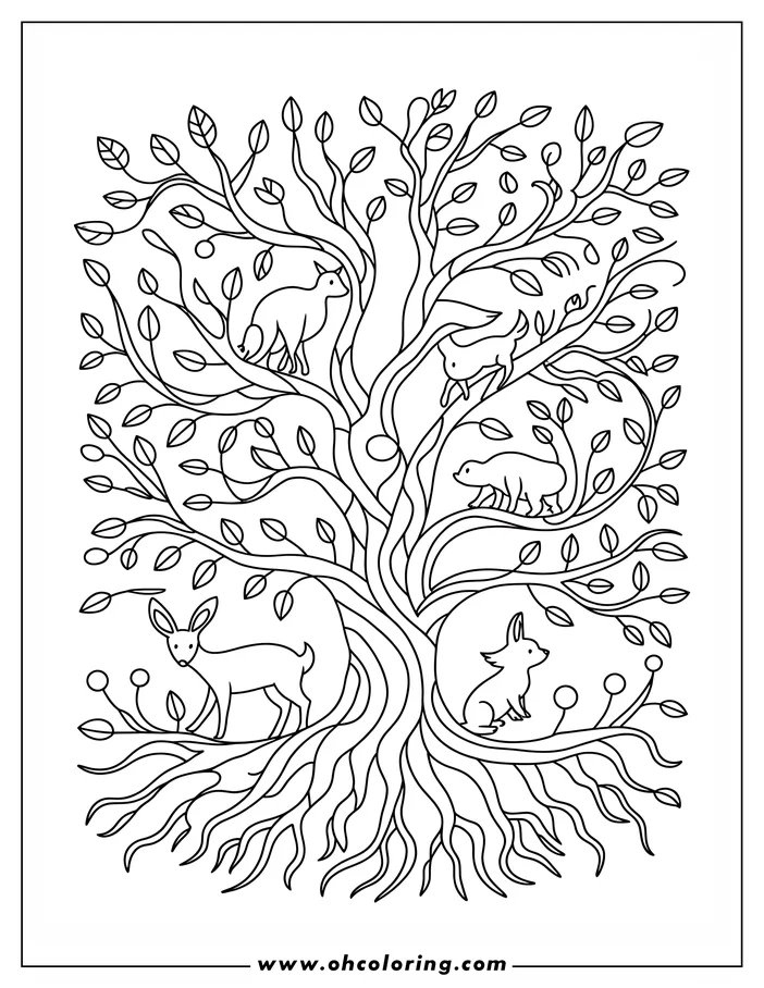 Line art of a deer, rabbit, bear, fox, and cat in a leafy tree. This Earth Day coloring sheet depicts various animals perched on the branches, symbolizing the interconnectedness of nature.