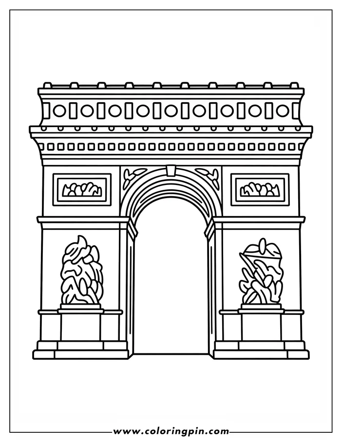 Line art of the Arc de Triomphe in Paris. The arch features detailed carvings and a central archway.