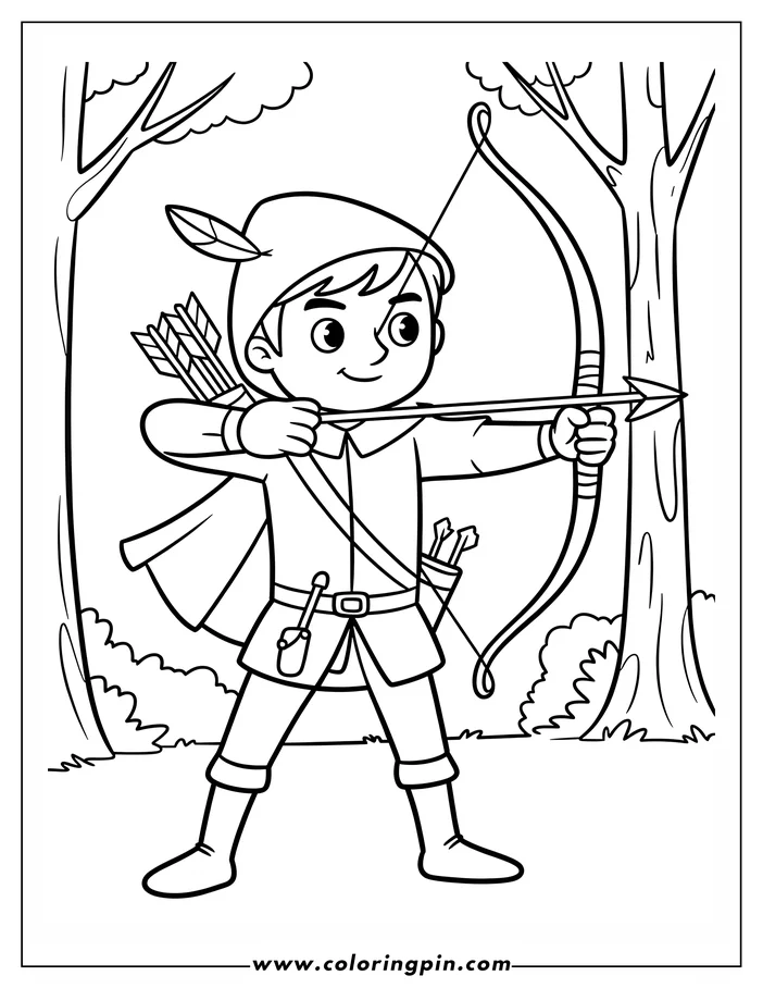 Line art of an archer aiming his bow and arrow in a forest setting. He is dressed in traditional archer attire, including a feathered cap, tunic, and quiver of arrows.