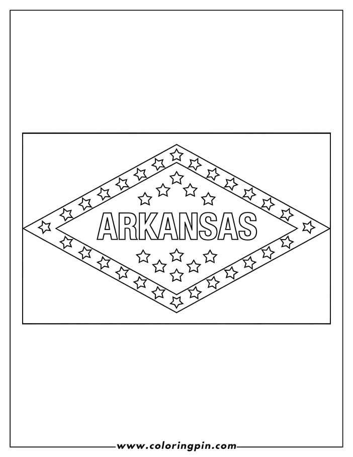 Line art of the Arkansas state flag.  A white diamond containing the word "ARKANSAS" and twenty-five small stars is centered on the rectangular flag.  Three larger stars are below the state name and four are above it.