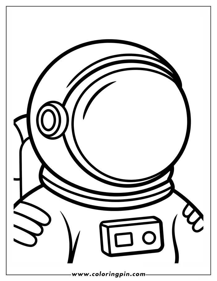 Outline of an astronaut in a spacesuit, featuring a helmet, gloves, and a camera mounted on the chest.