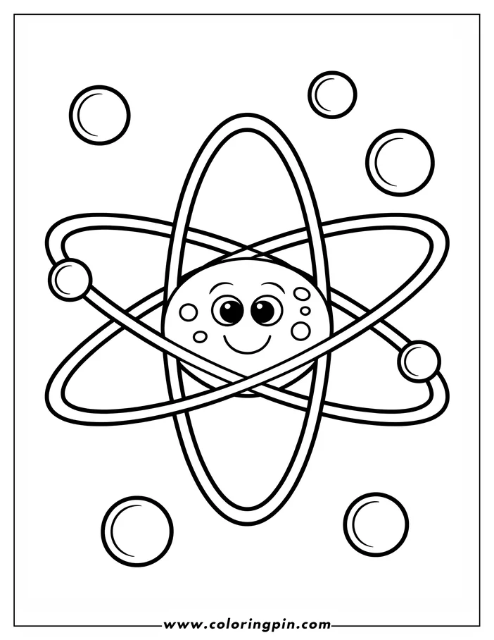 Outline of a simple atom with a smiling nucleus and orbiting electrons.
