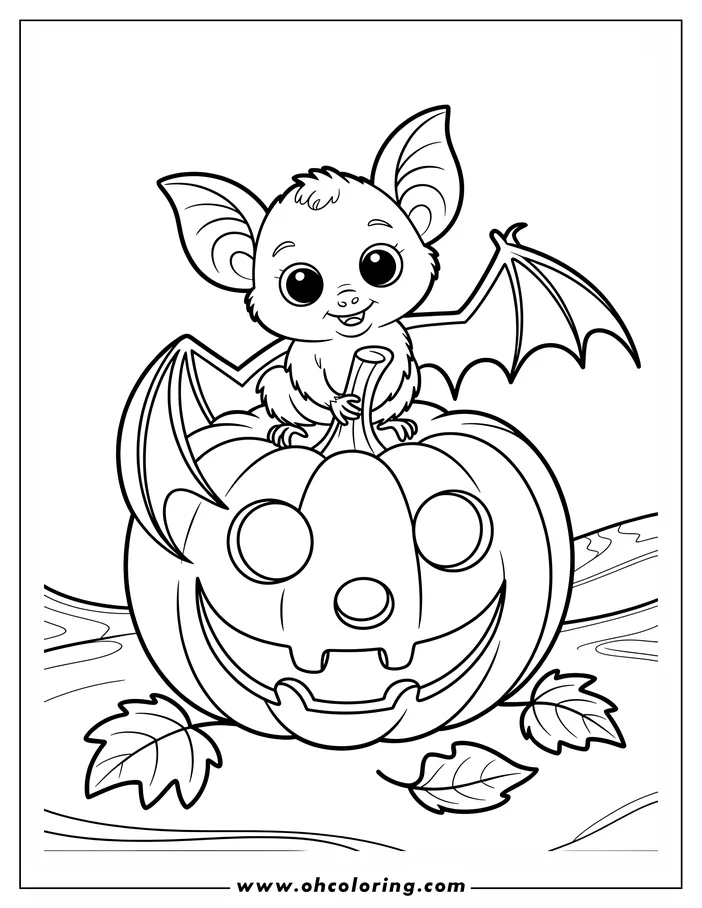Line art of a cute, smiling baby bat sitting on top of a jack-o'-lantern. The bat has large eyes, small wings, and a tuft of fur on its head. The carved pumpkin features a classic Halloween jack-o'-lantern face.  Two leaves rest on the ground near the pumpkin, adding to the autumnal scene. Ready for coloring.
