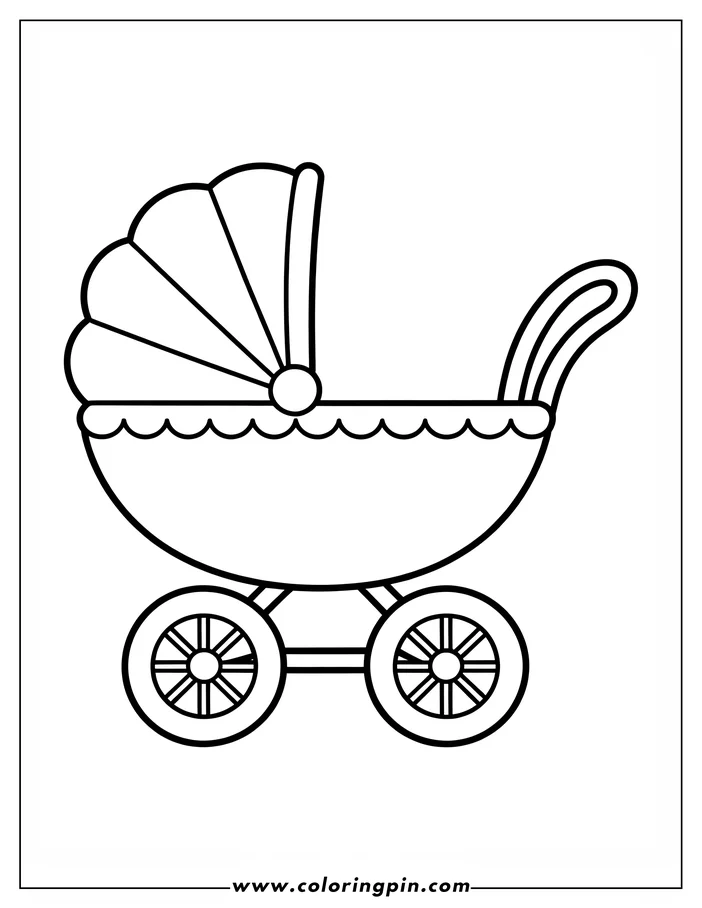 Line art of a baby carriage with a folded canopy top and spoked wheels.