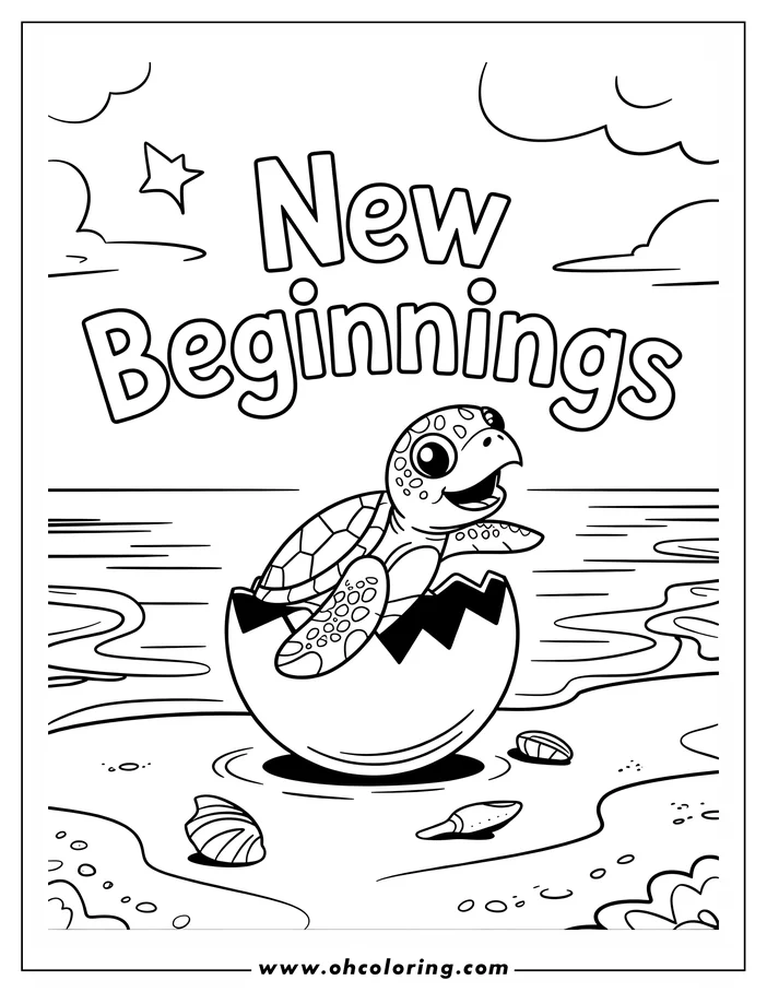 Line art of a baby sea turtle hatching from its egg on the beach, with the ocean and seashells nearby.