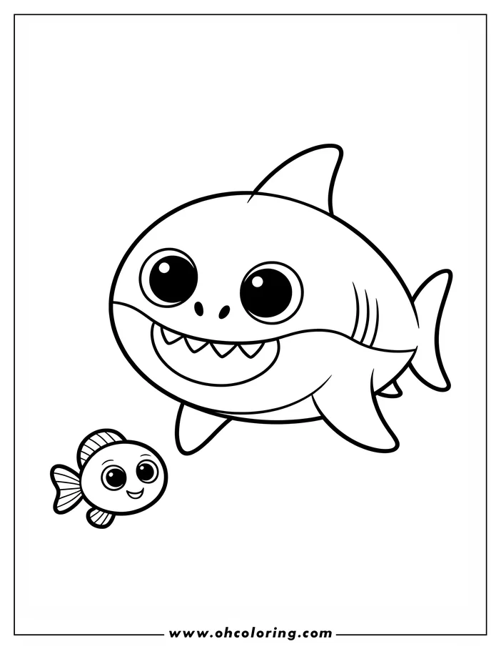 Line drawing of a friendly baby shark and a small fish. The shark has big eyes and is smiling, and the fish is swimming next to it.