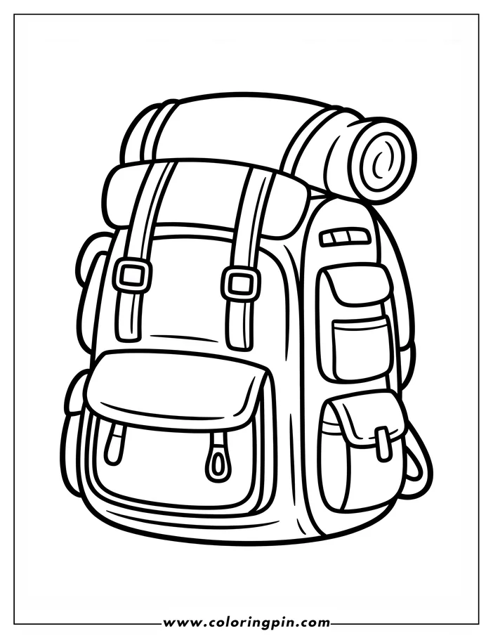 Line art of a backpack with a sleeping bag on top, ready for a camping or hiking trip.