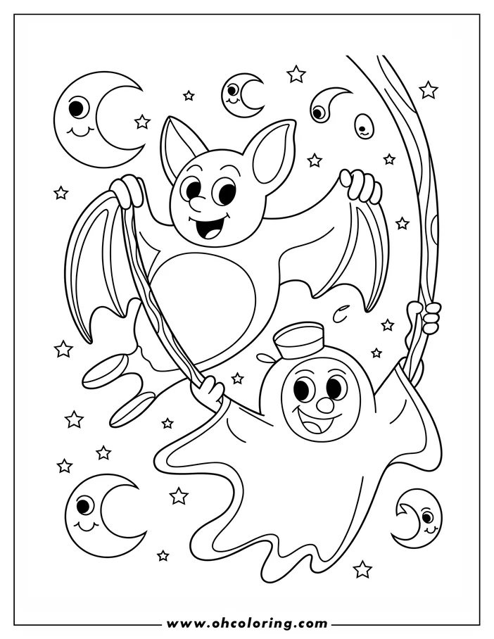 Line art of a bat and a ghost swinging on a vine in a starry night sky. The bat and ghost have friendly cartoon faces, perfect for a Halloween coloring sheet.