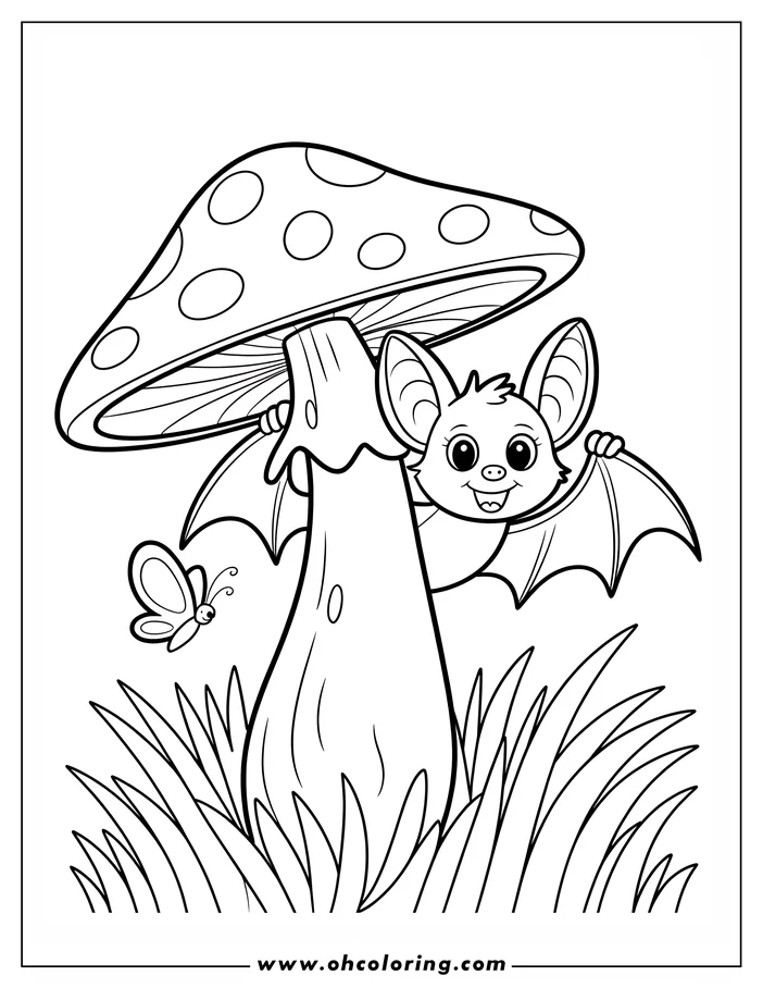 Line art of a cheerful cartoon bat hanging from a large, spotted mushroom. A small butterfly flutters nearby in the grassy foreground. This whimsical scene is a design for a coloring sheet.